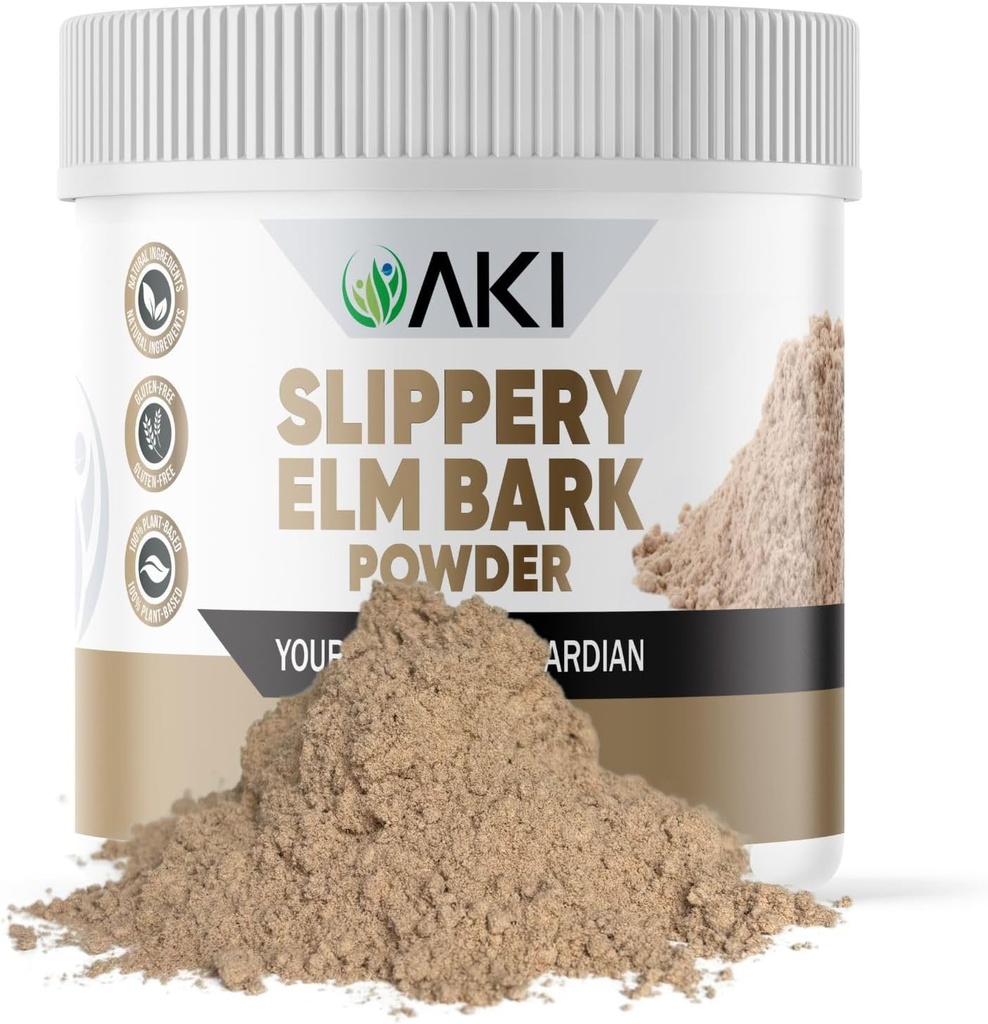 AKI Slippery Elm Bark Powder - Proteine a base vegetale, Soothing Remedy per il benessere digestivo & Throat Comfort - Vegan-Friendly, Gluten-Free, Non-GMO & Free da Additivi artificiali (4oz/113g)