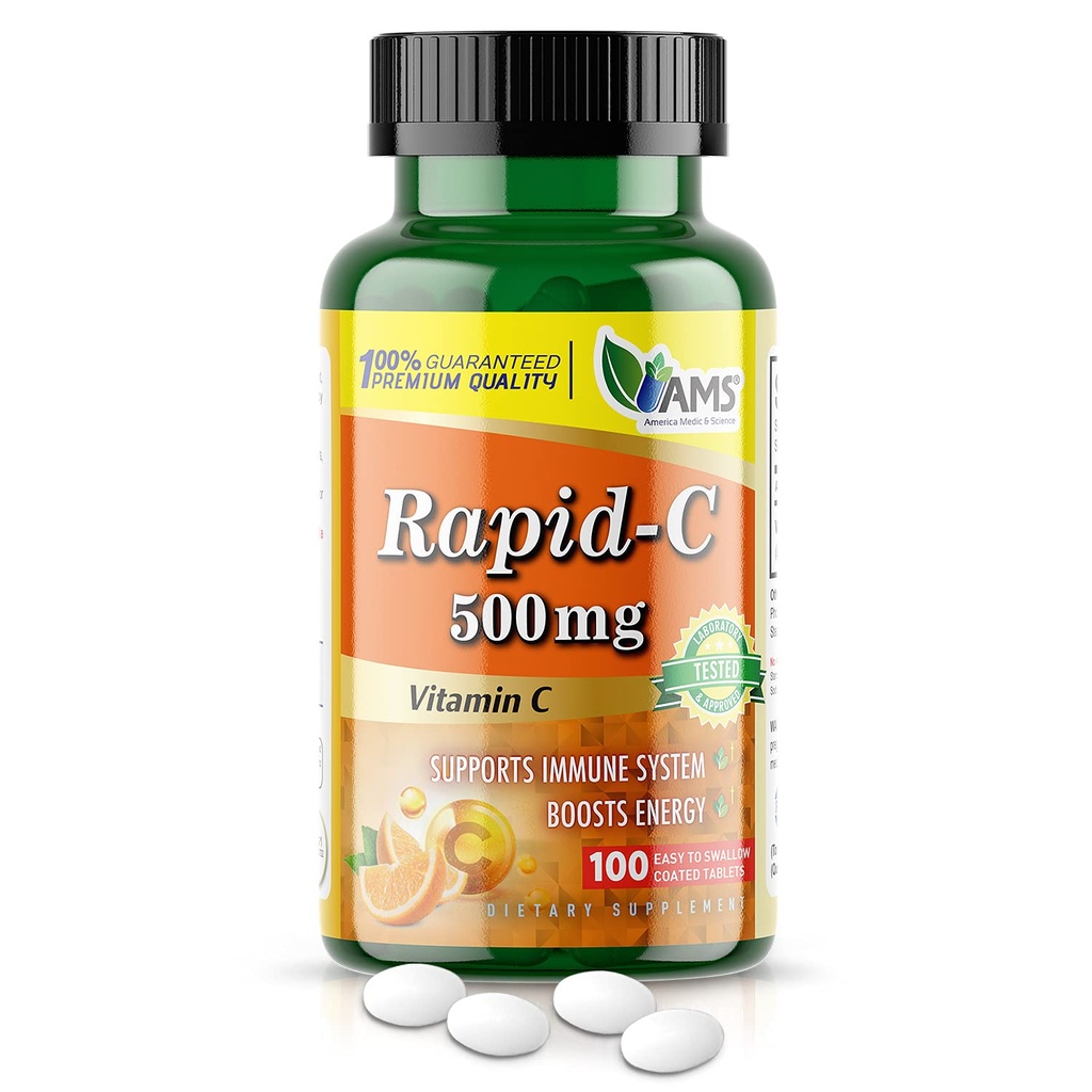 America Medic & Scienza Rapid-C 500mg Vitamina C Supplemento (1 Confezione di 100 compresse) Energy Booster, Supporto giornaliero del sistema immunitario, Antiossidante | Vegan, Acido non OGM rivestito per gli uomini adulti e le donne