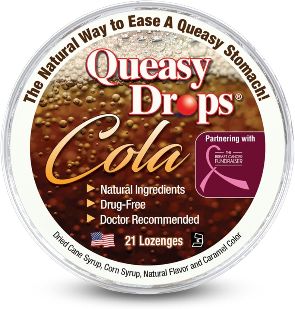 Tre gocce Queasy - Cola Flavor - Rilievo da Nausea & Travel Sickness, Soothes a Dry Mouth & Settles Stomach - Ingredienti naturali - 21 ct