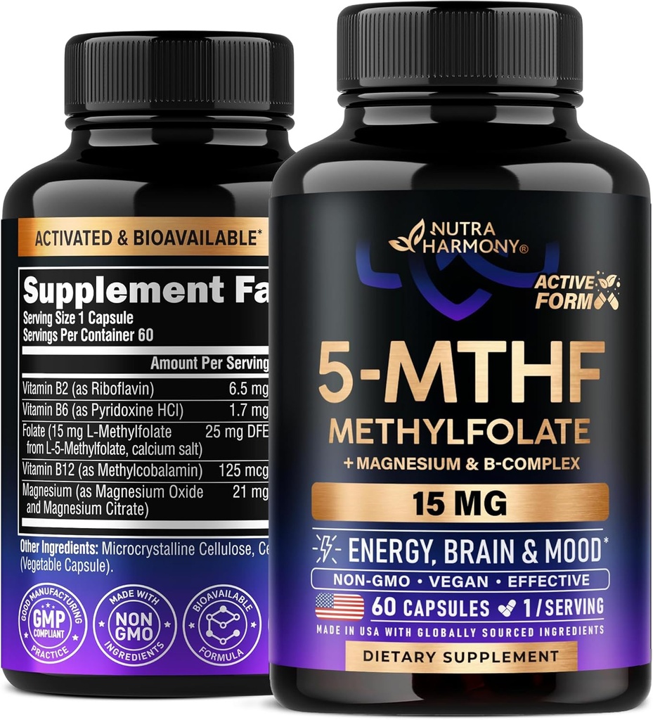 NUTRAHARMONY L Methylfolate 15 mg - 5-MTHF Methylfolate Supplement Plus Methyl B12, Vitamine B2 & B6, Magnesium - Made in USA, 60 capsule per 2 mesi