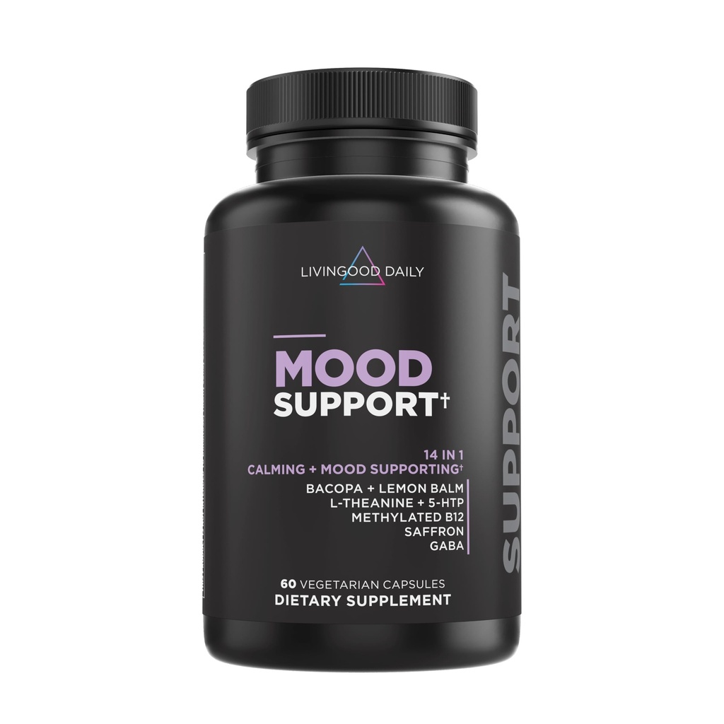 Livingood Daily Mood Support Supplemento per Donne & Uomini, Formula 14-in-1 con L Theanine, Balm limone, GABA, Zafferano, 5-HTP & B12, Supporta Focus & Emotional Wellness, Gluten Free, Vegan, 60 Capsule