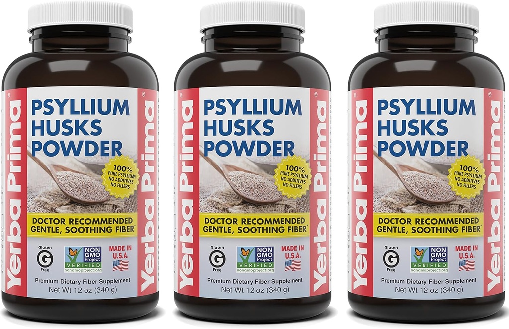 Yerba Prima Psyllium Husks Powder - 12 oz (Pack of 3) - Natural Fiber Supplement - Colon Cleansing - Vegan, Non OGM, Gluten-Free (Nuova Etichetta - Packaging May Vary)
