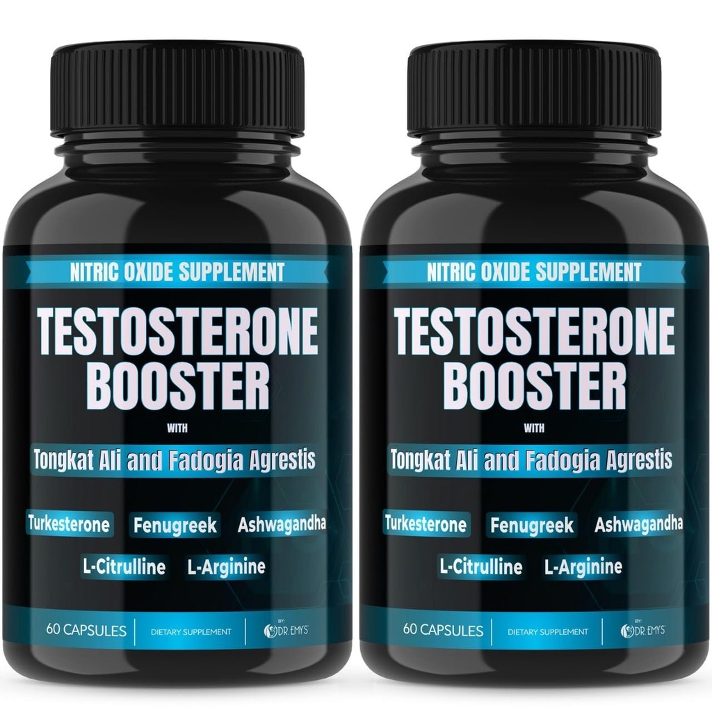 Dr. Emy's (2 Pack Testosterone Booster-Tongkat Ali Fadogia Agrestis Nitric Oxide Ashwagandha Supplemento per gli uomini con L Arginine Citrulline Fenugreek - Turkesterone Pre Workout Pump (120 capsule)