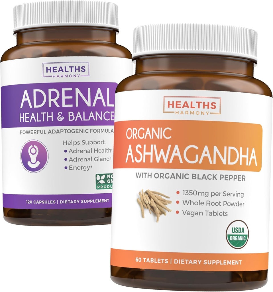 Adrenale & Ashwagandha (1-mese di alimentazione) Calm & Energize Bundle - Supporto surrenale con L-tirosina (120 capsule) & USDA Organic Ashwagandha 1350mg Ashwagandha Root Powder per Serve (60 capsule)
