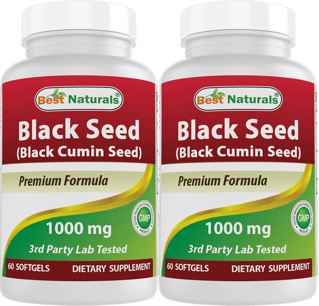 Best Naturals 2 Packs Black Seed Oil Capsule 1000 mg (Non OGM) Nigella Sativa - 100% Cold Pressed Black Cumin Seed Oil Pills Contiene Thymoquinonoe 60 Count (Totale 120 Softgels)