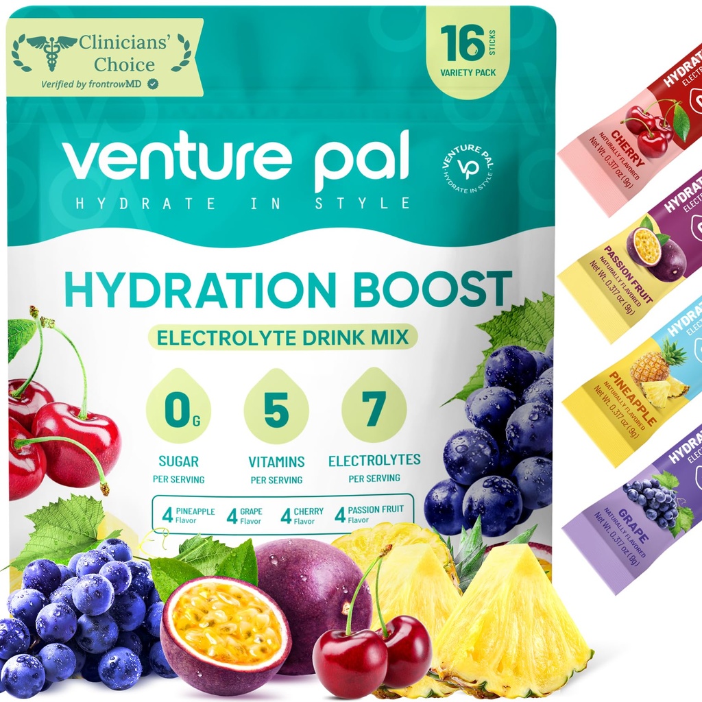 Imballaggio della polvere dell'elettrolita senza zucchero di Venture Pal - Liquid Daily IV miscela di bevanda per l'idratazione rapida e il recupero del partito | 5 vitamine & 7 elettroliti| Keto Friendly | Non OGM | Vegan certificato | 16 Sticks