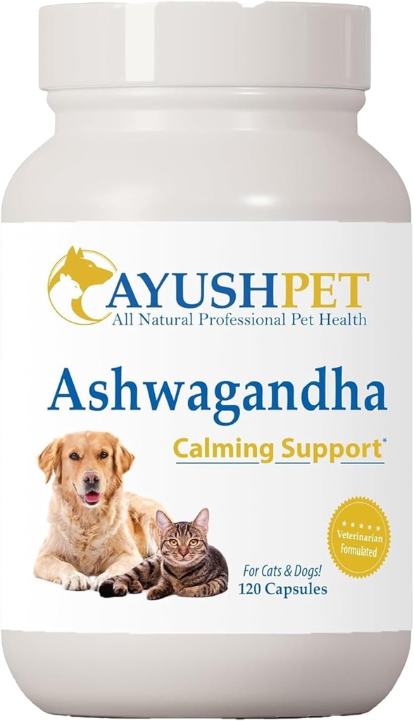 Estratto di radice di Ashwagandha di Ayush Pet per cani e gatti - Estratto di radice di Ashwagandha organico per equilibrio calmo e quotidiano, supplemento benessere adaptogenic per animali, 500mg per capsula - 120 Conte