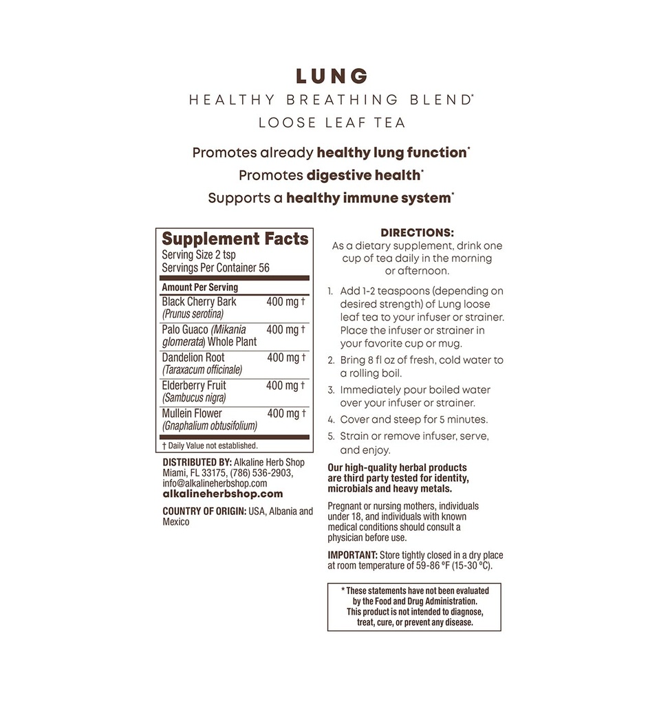 Alkaline Herb Shop - Happy Lung Tea Supplement - Made with Natural Wildcrafted Herbs - Mullein, Elderberry, Dandelion Root, Wild Cherry Bark. & Guaco - Vegan - Gluten-Free - 4 Oz Loose Leaf Herbal Tea