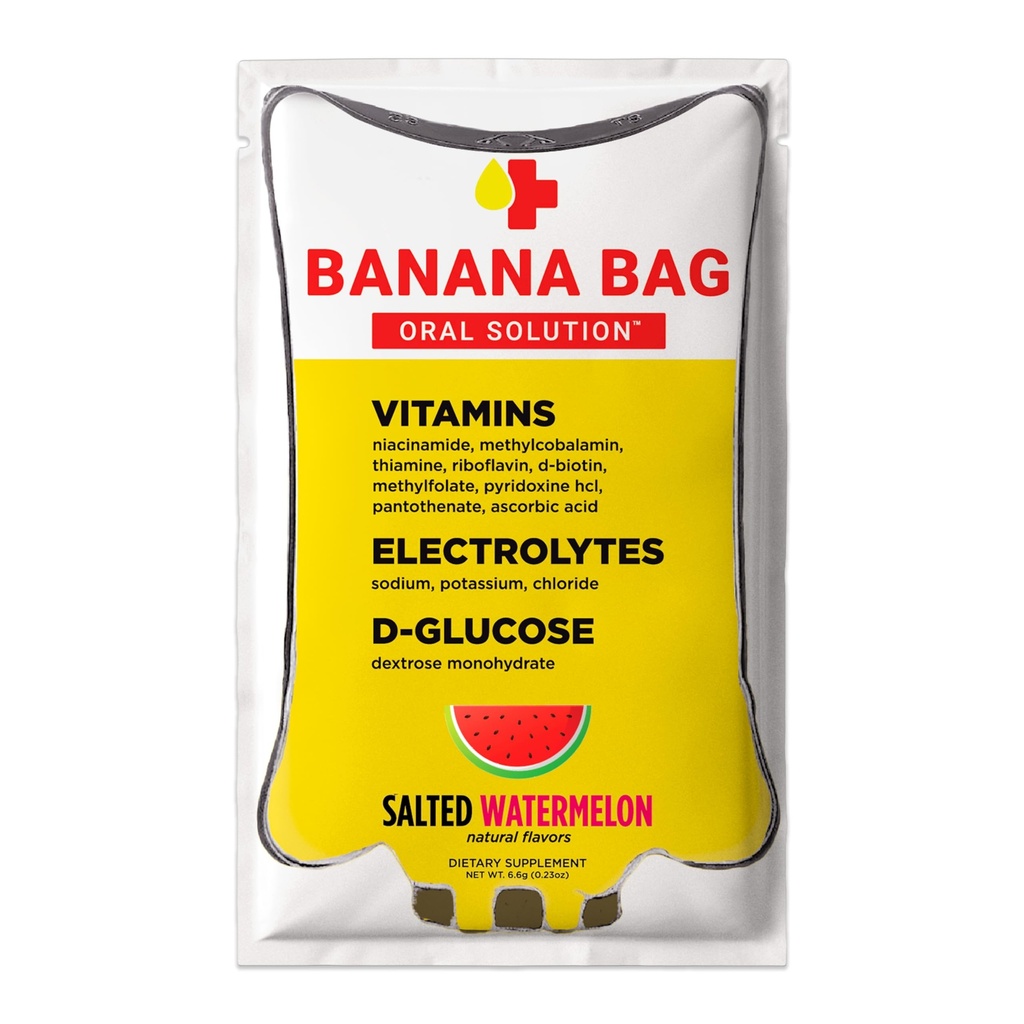 Banana Bag Soluzione orale Packets – Acquamelone salato 15pk | Una miscela rinfrescante di elettroliti, vitamina C e B-Complex per l'idratazione e l'energia. Comodo, facile da usare e perfetto per uso quotidiano.