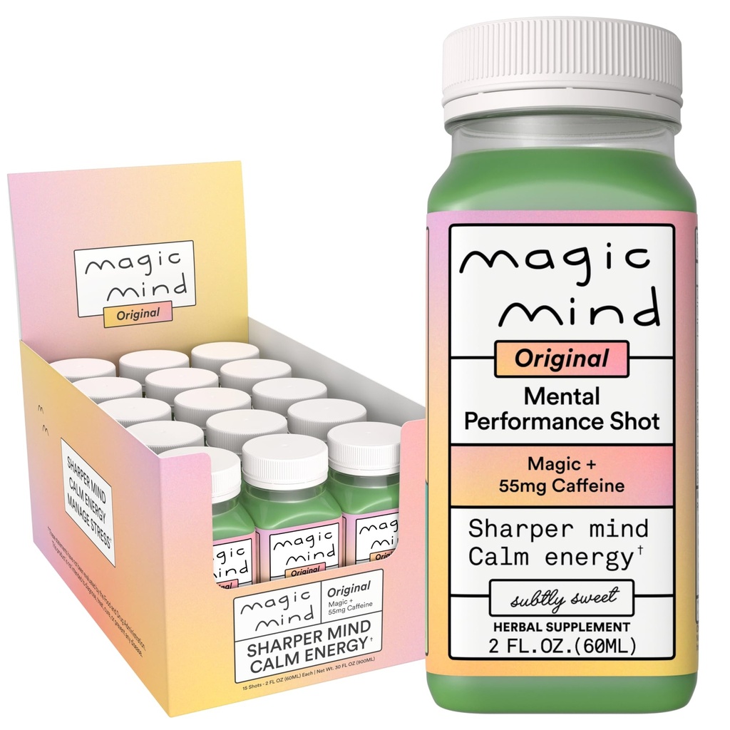 Magic Mind Energy and Focus Drink Shots - Stress Relieving, No Jitters, Ashwagandha, Vitamina B12, Vitamina C, Matcha Green Tea, Funzionali funghi - 2 FL Oz (15 Pack)
