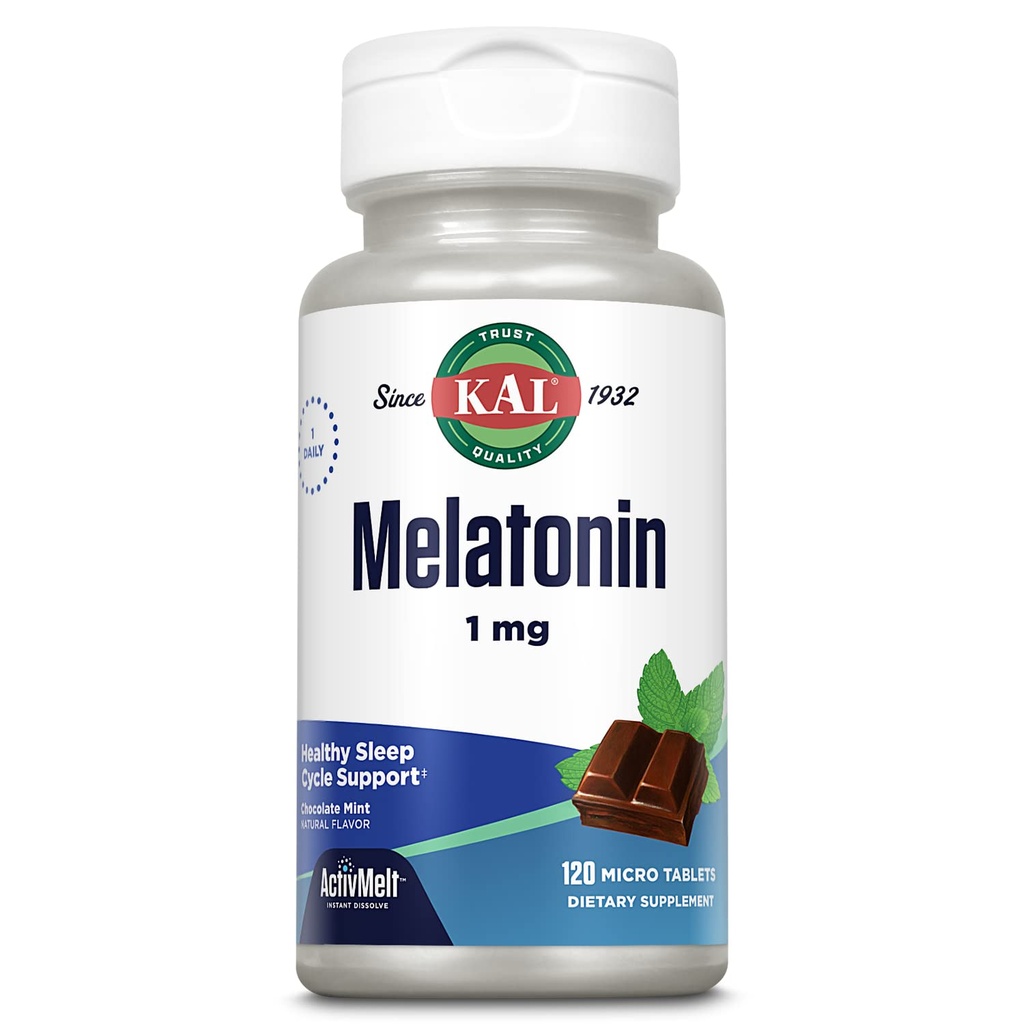 KAL Melatonin 1mg Sleep Aid, Integratore Melatonina Supporta Relax Calmante e un Ciclo di sonno sano, Dissolvere rapidamente ActivMelts, Natural Chocolate Mint Flavor, Vegetariano, 120 Serv, 120 Micro Tabs