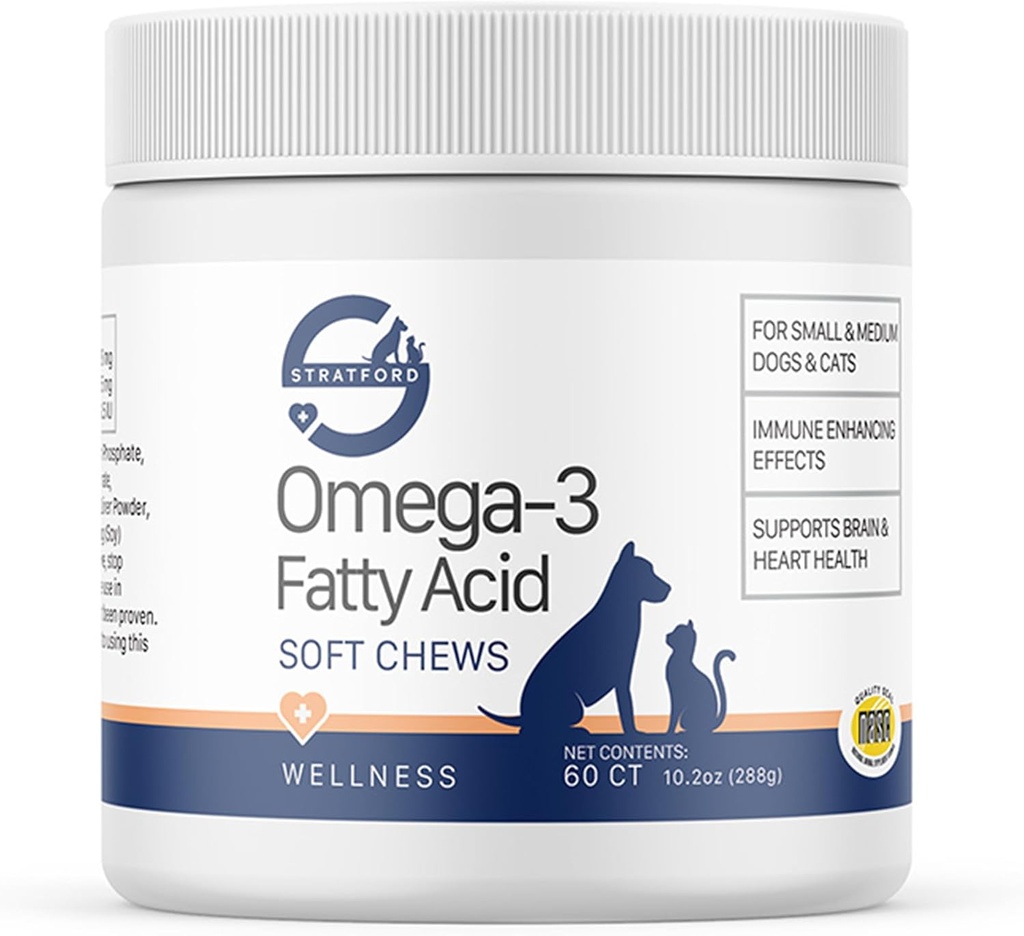 Stratford Pharmaceuticals EZ Chew Omega 3 Fatty Soft Acid Chew Max Strength - Dog Omega 3 Supplemento - Soft Chew Treats with Fish Oil for Dogs - Cani piccoli e medi - 60 Soft Chews
