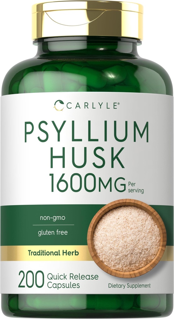 Carlyle Psyllium Husk Capsule 1600mg | 200 Count | High Potency Fiber Supplement | Non OGM, Gluten Free