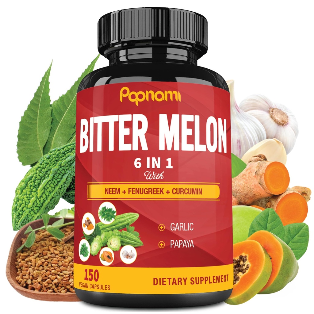 Estratto di Melone di Bitter Organico - Neem Combinato, Fenugreek, Curcumina, Aglio & Papaya - 150 Conta per 5 Mesi - Supporti Corpo, Digestivo, Pelle, Immune & Total Wellness