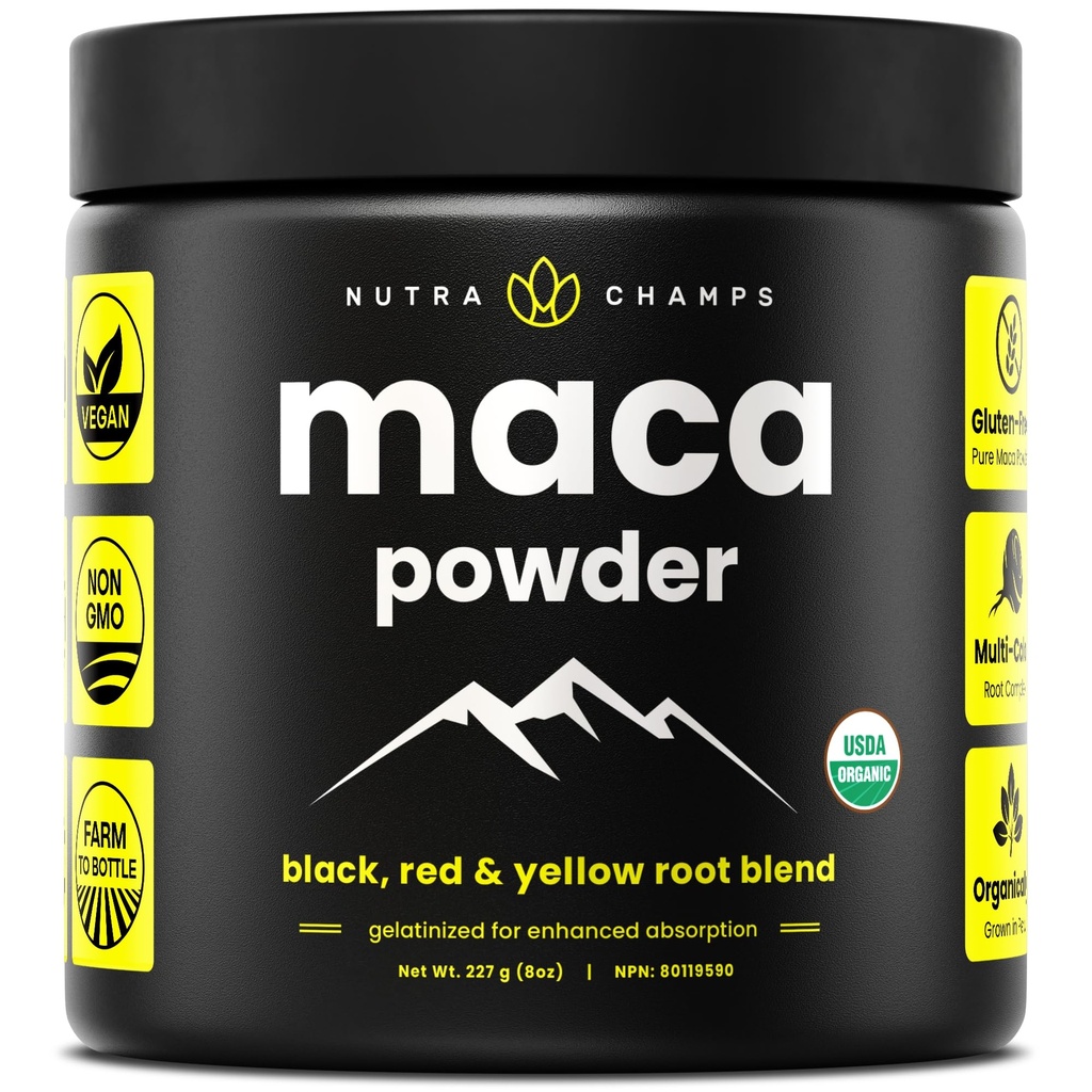 Polvere Maca Organica - Miscela Maca Coltivata Peruviana con Radici Gialle, Nere e Rosse - Gelatinizzata per Biodisponibilità Superior - Naturale, Vegan & Non-GMO, 8oz