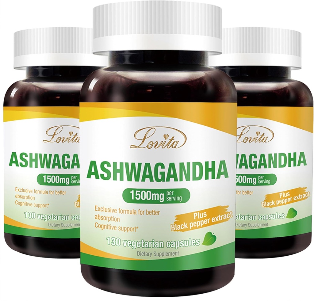 Lovita KSM-66 Ashwagandha | Altamente concentrato | 5% Withanolide | 95% Black Pepper Piperine | Stress Relief & Energy Support | Vegan, Gluten Free | 130 Capsules (Pack of 3)
