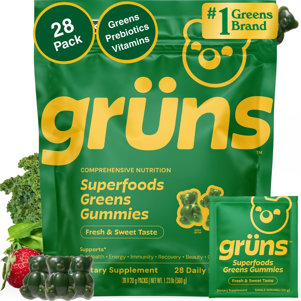 Gruns Adult Super Greens Multivitamin Gummies, Superfood Gummy Vitamins for Women and Men with Spirulina, Chlorella, Adaptogens & Prebiotic Fiber for Digestive Health (28 Conte)