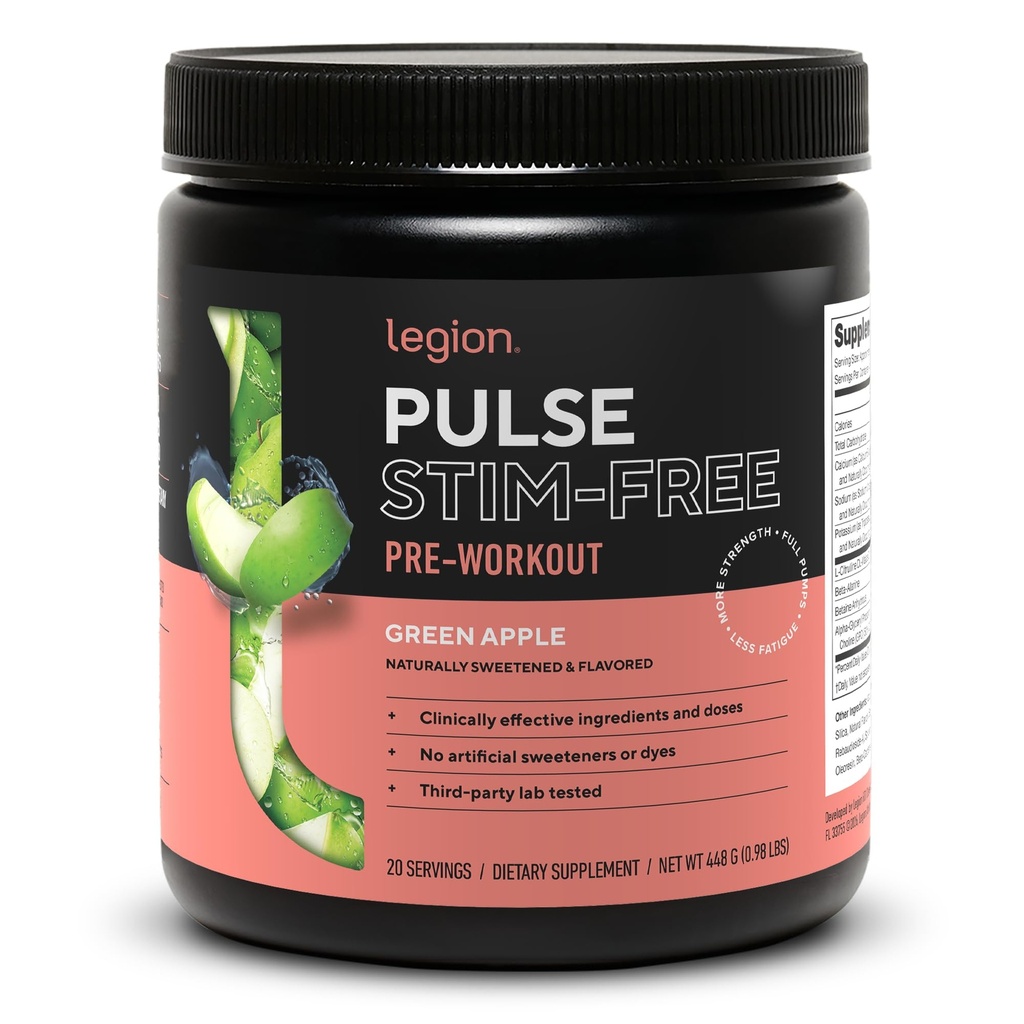 LEGION Pulse Pre Workout Supplemento - Tutto naturale Nitric Oxide Preworkout Drink per aumentare l'energia, Creatina libero, naturalmente addolcito, Beta Alanine, Citrulline, Alpha GPC (Caffeina Free Green Apple)
