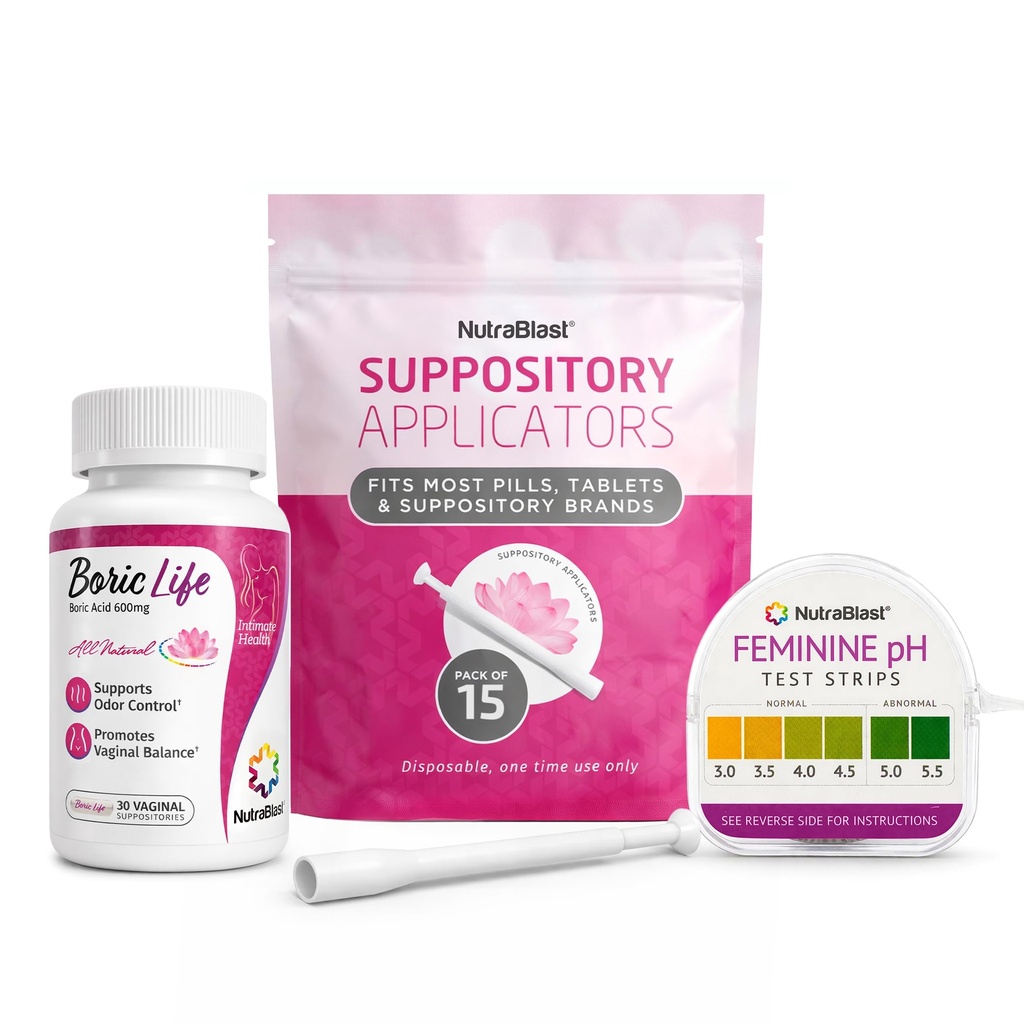 Suppositori vaginali dell'acido borico di NutraBlast 600mg (30 Conte) w/applicatori vaginali monouso (15-Pack) e strisce di prova del pH femminile 3.0-5.5 (100 Test Roll)