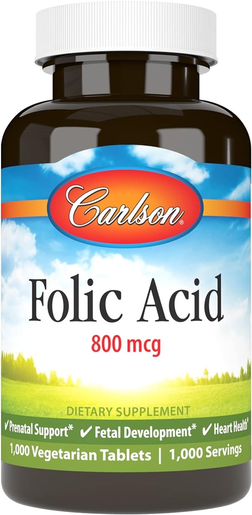 Carlson - Acido Folico, 800 mcg, Fornisce il supporto prenatale importante, 1000 compresse