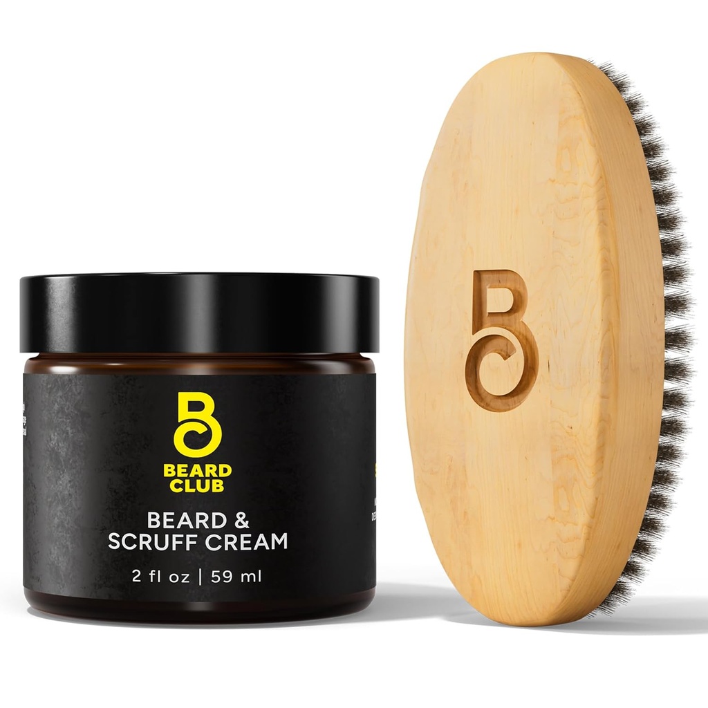 Il Beard Club Original Beard Cream & Boar Bristle Beard Brush per gli uomini - idratante e idratante per capelli e pelle più sani - Birchwood Beard Brush per Styling & Taming