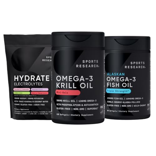 Ricerca sportiva Antartico Krill olio Omega 3 Mini-Softgels 500mg con Phospholipids, Choline, Astaxanthin, Triple Strength Omega 3 Burpless Fish Oil 1250mg, Sugar Free Multi Flavor Hydrate Electrolytes