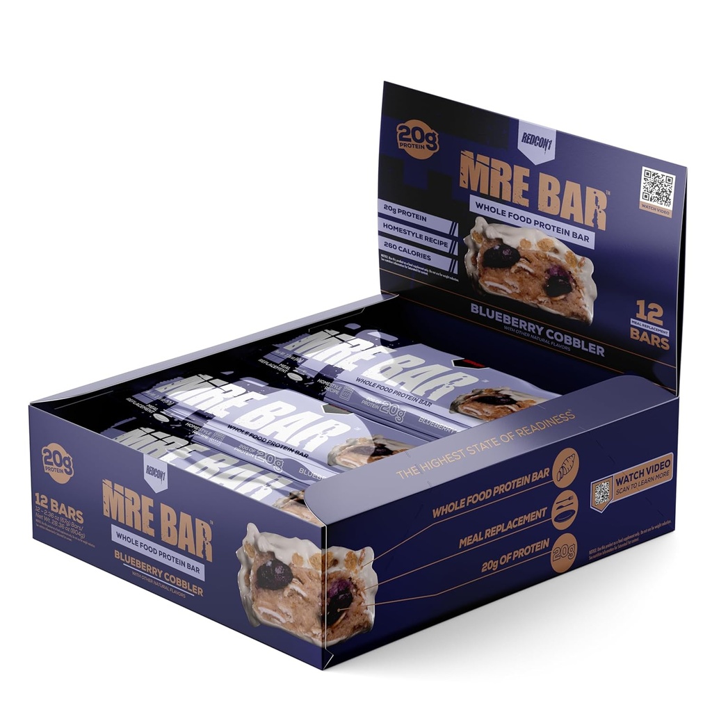 REDCON1 MRE Protein Bar, Blueberry Cobbler - Contiene olio MCT + 20g di Whole Food Protein - Facilmente Digeribile, Macro Balanced Low Sugar Meal Sostituzione Bar (12 Bar)