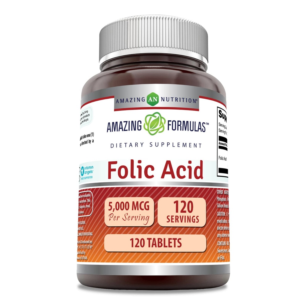 Stupefacente Formulas Folic Acid (Vitamin B9) Supplemento | 5000 Mcg per Serving | 120 compresse | Non OGM | Gluten-Free | Made in USA
