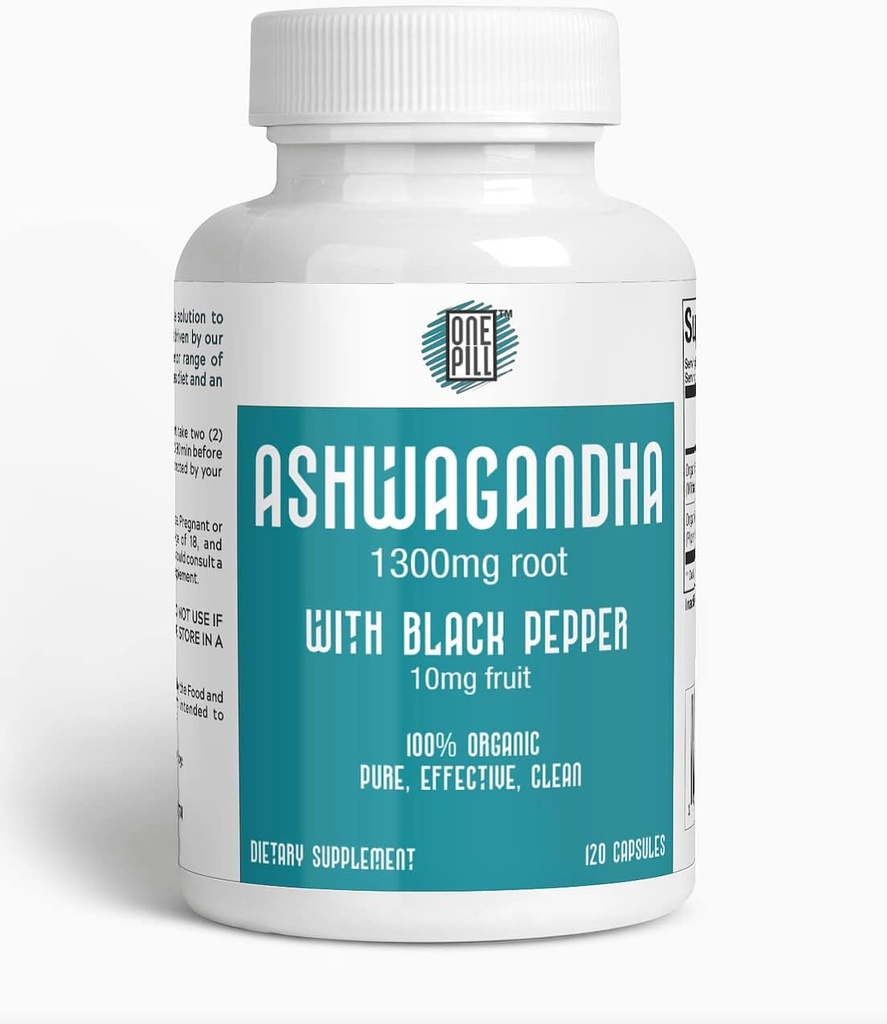 ASHWAGANDHA 1300 mg di radice organica con pepe nero. Sforzo naturale e Mood Support Supplemento 120 capsule