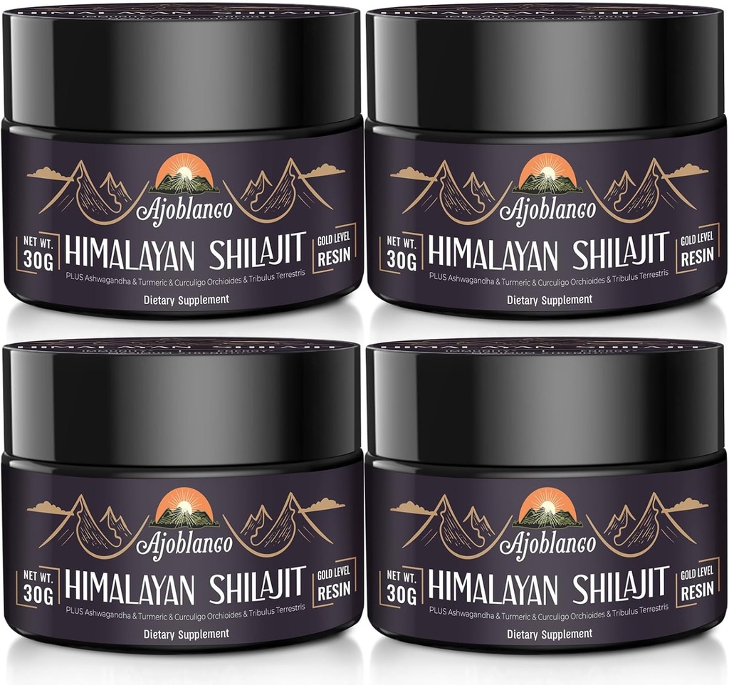 Ajoblanco 600mg Natural Himalayan Organic Shilajit Resina - Himalayan Gold Shilajit Resina con miscela ayurvedica organica in alta potenza per energia, resistenza e immunità, Confezione da 4