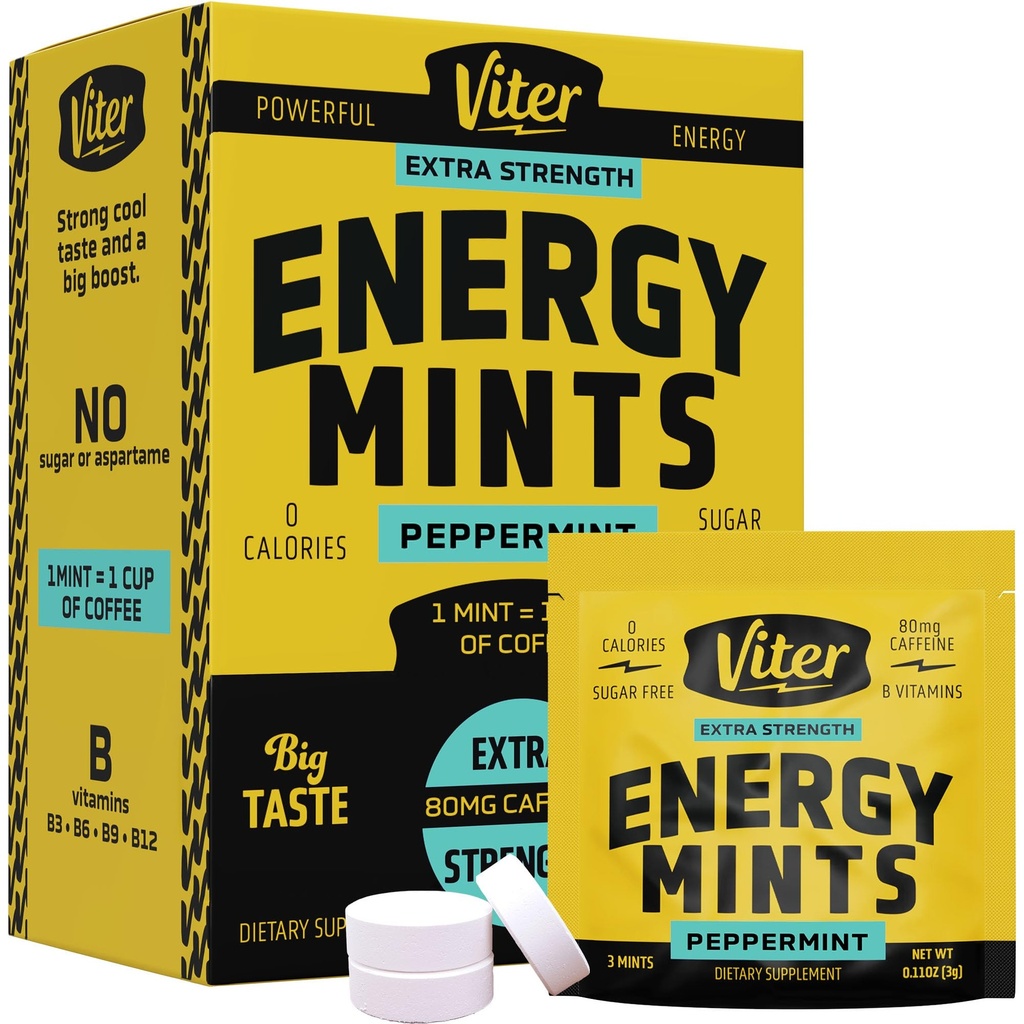 Viter Energy Caffeine Mints 80mg Extra Strength - 90 Pezzi Caffeina con Vitamine B. Zucchero Free Vegan Breath Mint. Energizzare Nootropic Focus Booster per una rapida allerta (Peppermint Flavor, 30 Pack)