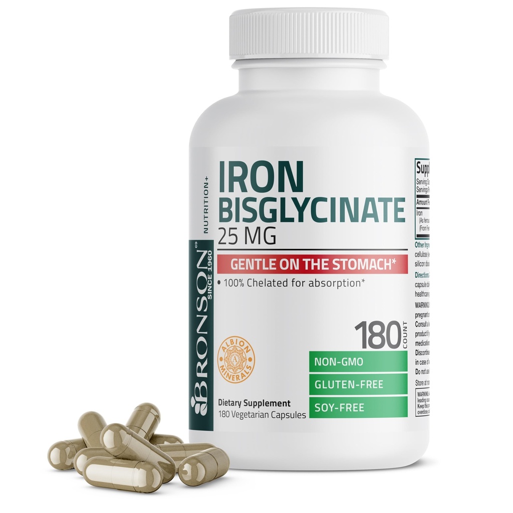 Bronson Iron Bisglycinate 25 mg Gentle on The Stomach, Supports Energy & Healthy Red Blood Cell Production - Formula non costipante - Non OGM, 180 capsule vegetariane