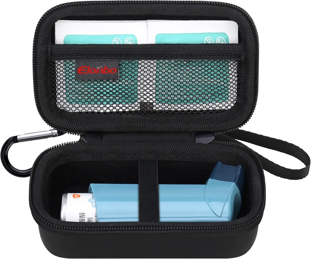 Elonbo Asthma Inhaler Carrying Case, Travel Organize Holder Bag per Ventolin Inhaler, Extra Interno Mesh Pocket si adatta a Medizione Asma, Nero+Inside Nero (CASE SOLO!) Medicina Inalatore Non incluso)