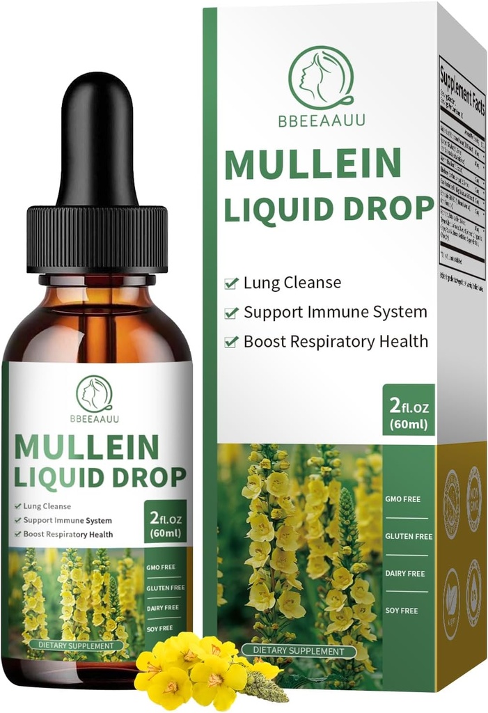 (2 Pack) Gocce di Mullein per polmoni, 16-in-1 Leaf Leaf Extract 800MG per la pulizia polmonare, respiratoria, immunità, con Quercetin, Marshmallow, Black Cumin Seed, Elderberry, Non-GMO, 2 Fl Oz