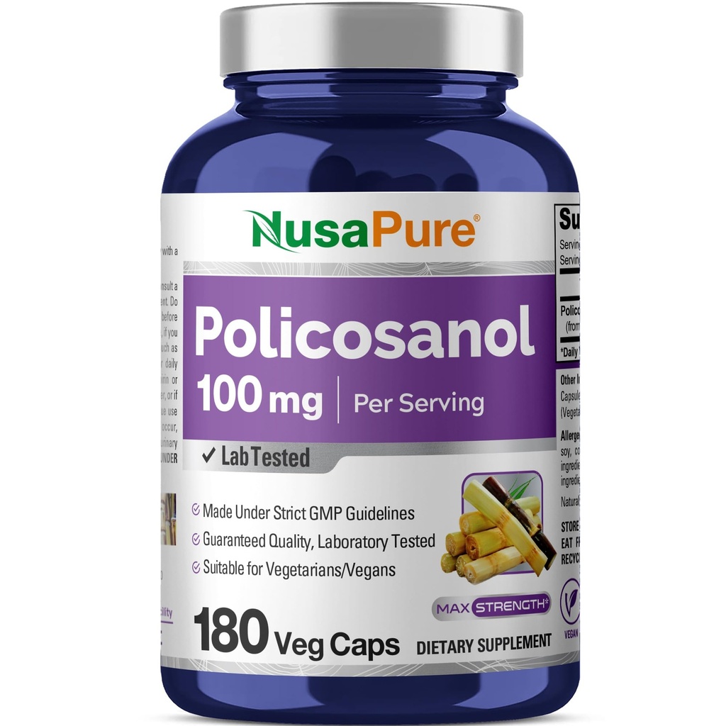 NusaPure Policosanol 100mg 180 capsule vegetali (Vegan, Non OGM)
