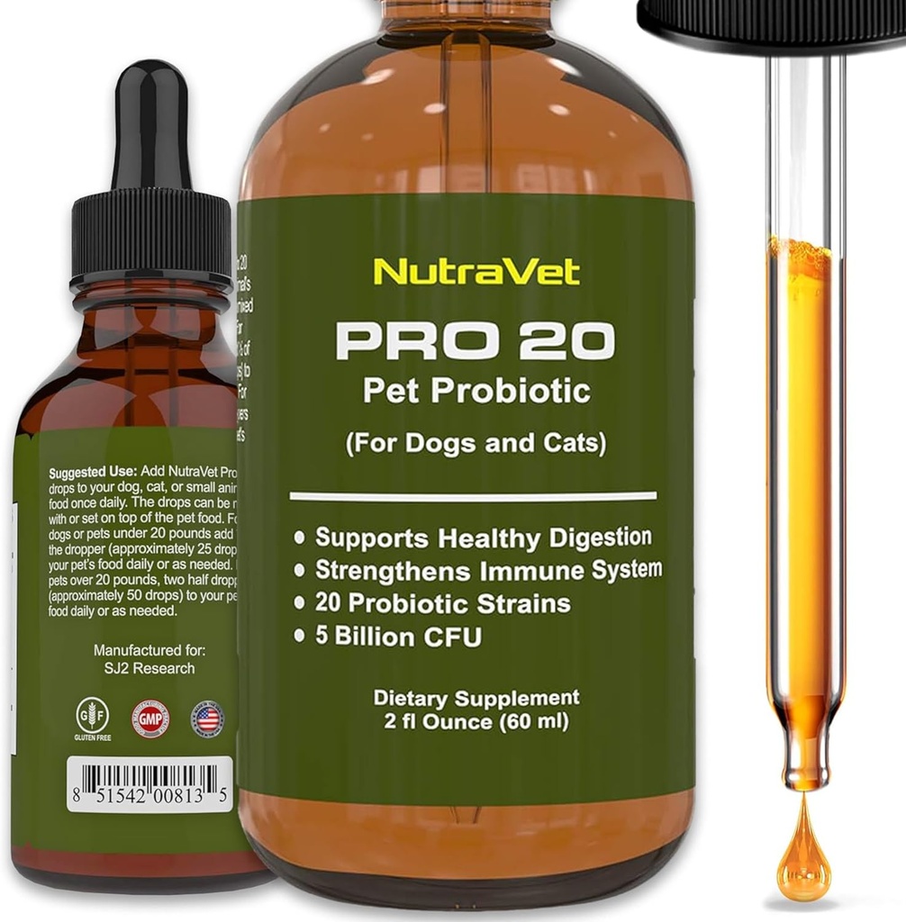 Probiotici per cani e gatti probiotici - 120 porzioni (1/2ml). Enzimi digestivi naturali al 100% per il sollievo dal gas e la digestione sana. Prebiotici tramite vitamine liquide per costipazione & Leaky Gut