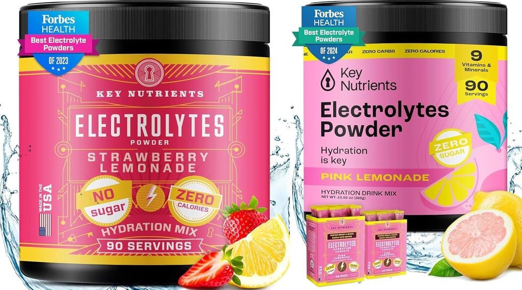 KEY NUTRIENTs Electrolytes & Multivitamin Hydration Powder Bundle – Juicy Strawberry Lemonade & Fresh Pink Lemonade Electrolyte Powder (90 Servings Every) – Sugar-Free, Keto-Friendly, No Calories