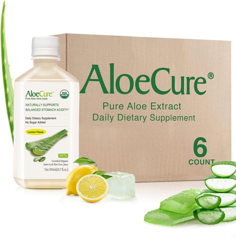 AloeCure USDA Organic Aloe Vera Juice Lemon Flavor - Fatto entro 12 ore di raccolto - Supplemento digestivo naturale per l'acidità di stomaco bilanciato - Sostegno Digestivo e Immune Salute, 6 Btls x 16.7oz