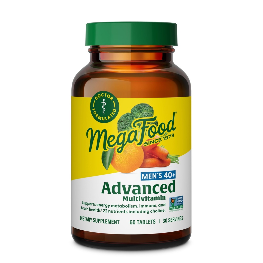 MegaFood Uomo 40+ Advanced Multivitamin for Men - Dr-Formulated - Choline, Vitamina B, Vitamina C, Vitamina D, Zinc & Real Food - Salute cerebrale, Supporto Immune - Vegetariano - 60 Tab (30 Serve)