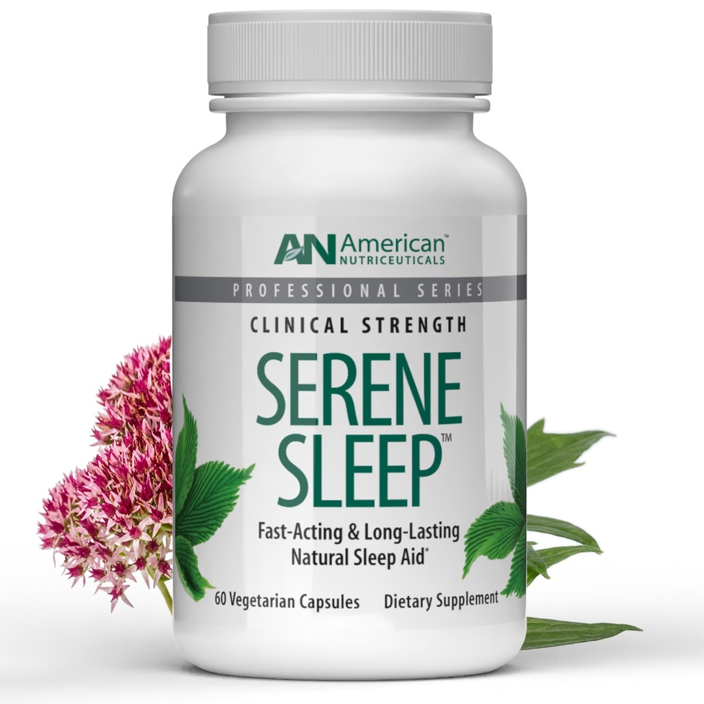 American Nutriceuticals - Serene Sleep Aid - con Melatonin & Magnesium - Tutti gli aiuti naturali per il sonno per gli adulti -Long-Lasting - 60 capsule - 30 giorni di alimentazione