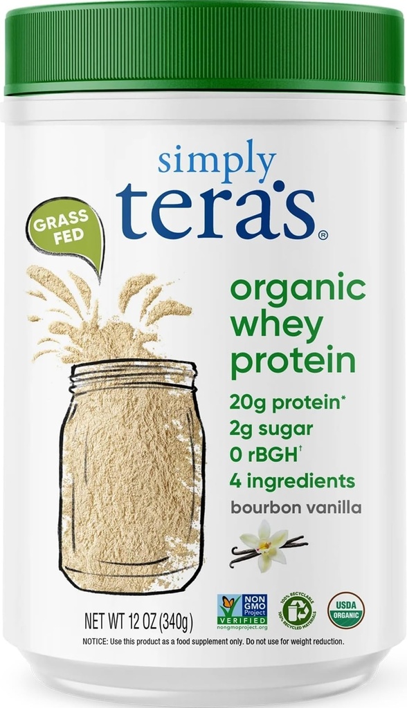 Simply tera's Organic Whey Protein Powder, Bourbon Vanilla, Organic - 12 Oz | Whey Protein Powder, Grass Fed Vanilla, Made Without Artificial Sweeteners, Non-GMO, Kosher, rBGH-Free