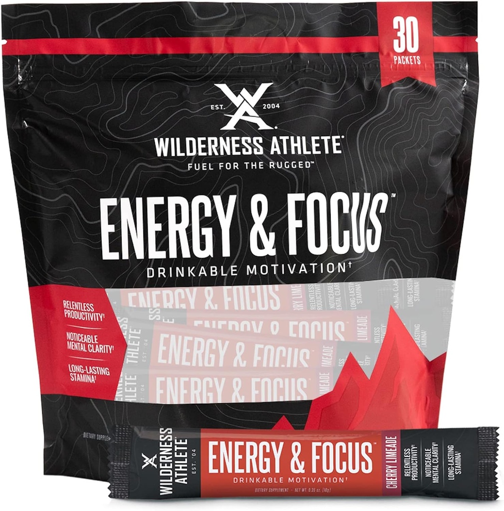 Wilderness Athlete - Energy & Focus | Energy Booster per le donne e gli uomini - Energy Drink Mix with Natural Caffeine - Low-Carb, Zero Sugar Energy Drink Powder - 30 Serving Energy Drink Packets (Cherry)