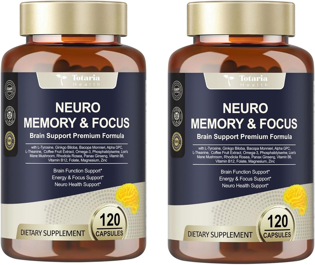 Totaria C-ognitiva con Pillole di Caffeina, L-Tyrosine, Alpha GPC, Ginkgo Biloba, Bacopa Monnieri Integratore per Memoria e Focus, Supporto Nootropic del Cervello - Non OGM, Gluten Free (120 Conti)