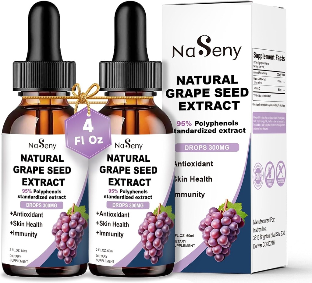 Gocce liquide dell'estratto dell'uva Standardizzata al 95% Polyphenols-300 mg Grape Seed Massima resistenza Tintura standardizzata, Vitis liquido ad alto assorbimento Vitis Vinifera Gocce -Non-GMO (2 bottiglie)