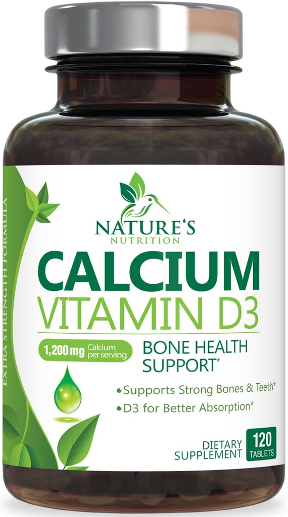 Supplemento di calcio 1200 mg - con vitamina D3 per il miglior assorbimento - Supporta la salute immunitaria, le ossa e i denti - Carbonato di calcio della natura + 1600 IU di D3 - Bottigliato negli Stati Uniti per le donne e gli uomini - 120 compresse