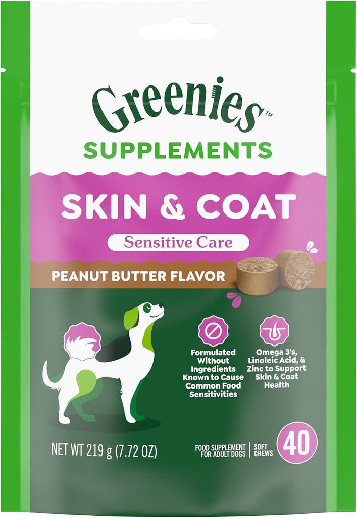 Greenies Sensitive Care Skin e Coat Supplemento per cani con Fish Oil per cani Chicken-Free Formula Dog Supplement, Peanut Butter Flavor, 40-Count Soft Chews