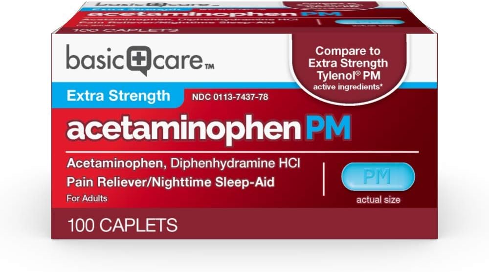 Cura di base Acetaminophen PM, Dolore Reliever Plus Nighttime Sleep Aid Caplet, 100 Conte