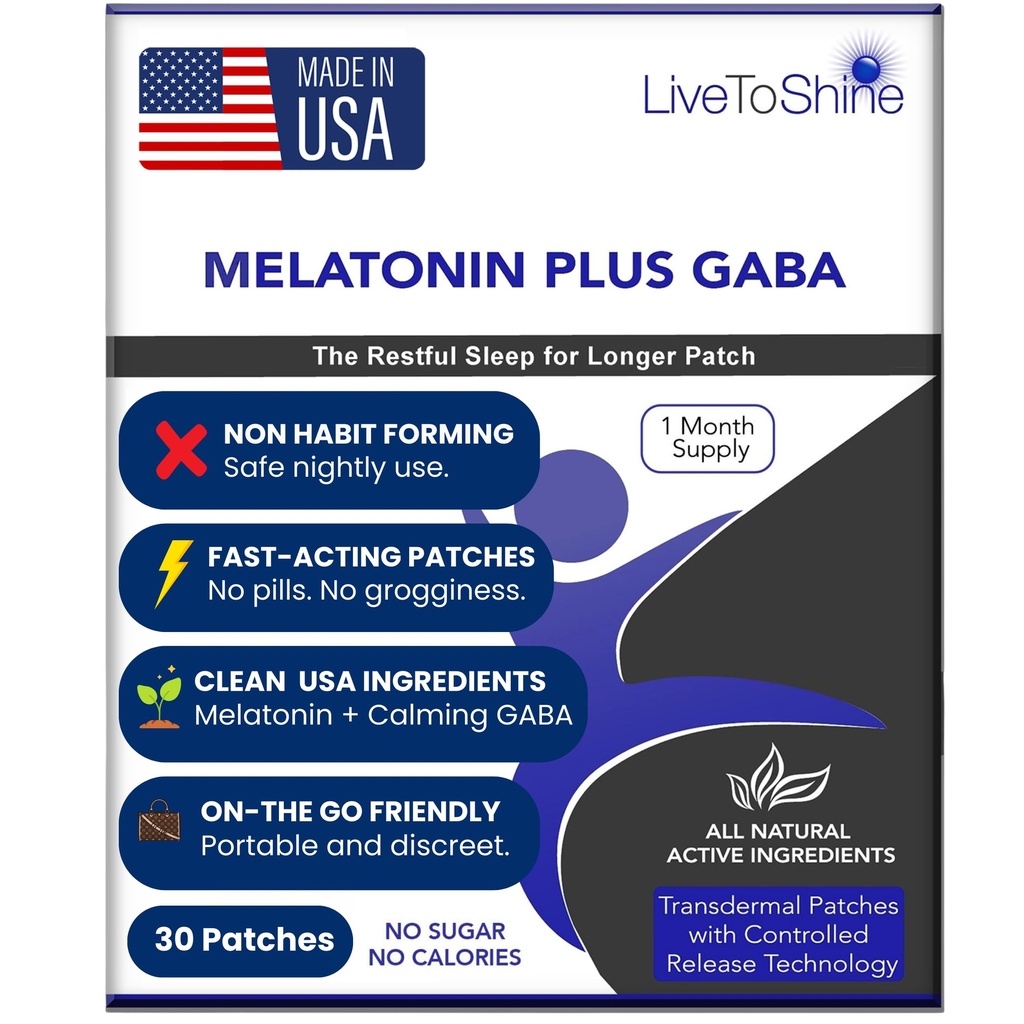 Live To Shine Melatonin Patches for Sleep - Plus GABA to Calm Busy Brains Fast - Combo perfetto per gli uomini e le donne - Slow Release - 30 Patches - USA Made