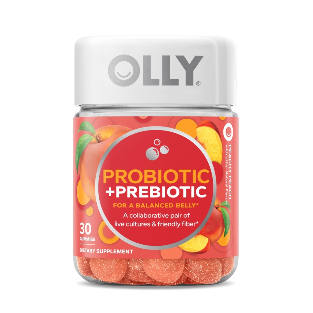 OLLY Probiotic + Prebiotico Gummy, 500 Milioni di CFU, FOS, Adulto Chewable Supplement per Uomini e Donne, Peach aromaed, 30 giorni di alimentazione - 30 Conte