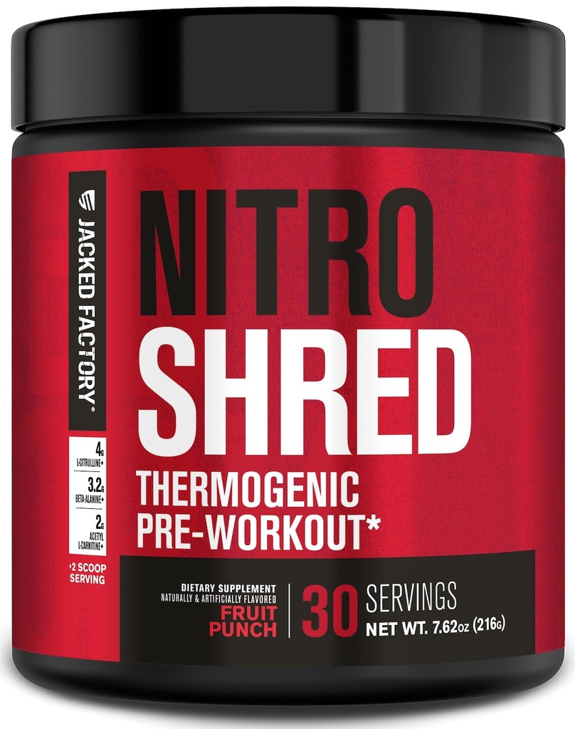 Jacked Factory NITROSURGE Shred Pre Workout Supplement - Energy Booster, Gains Instant Strength, Sharp Focus, Pompe potenti - Nitric Oxide Booster & PreWorkout Powder - 30Sv, Fruit Punch